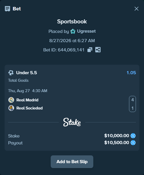 Bet slip: Real Madrid - Real Sociedad San Sebastian, $10,000.00 stake at 1.05 odds, placed by Ugresset