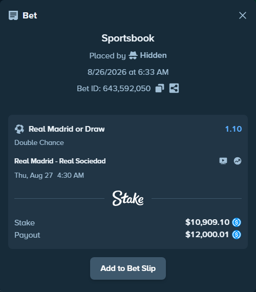 Bet slip: Real Madrid - Real Sociedad San Sebastian, $10,909.10 stake at 1.10 odds, placed by lightsum