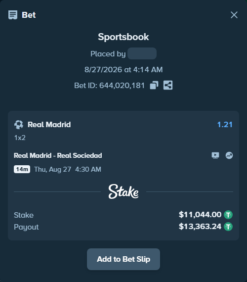 Bet slip: Real Madrid - Real Sociedad San Sebastian, $11,044.00 stake at 1.21 odds, placed by Petter921
