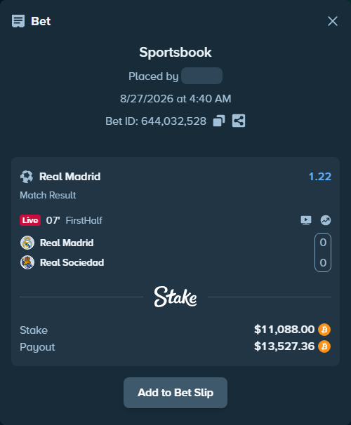 Bet slip: Real Madrid - Real Sociedad San Sebastian, $11,149.44 stake at 1.22 odds, placed by Hallfkh
