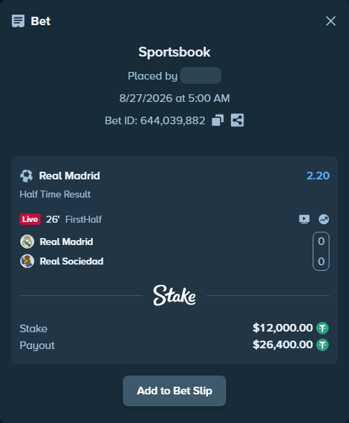 Bet slip: Real Madrid - Real Sociedad San Sebastian, $12,000.00 stake at 2.20 odds, placed by formasimple