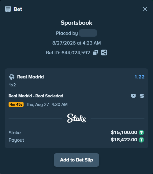 Bet slip: Real Madrid - Real Sociedad San Sebastian, $15,100.00 stake at 1.22 odds, placed by Rimmereid