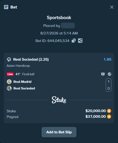 Bet slip: Real Madrid - Real Sociedad San Sebastian, $20,048.73 stake at 1.85 odds, placed by Jakkobs