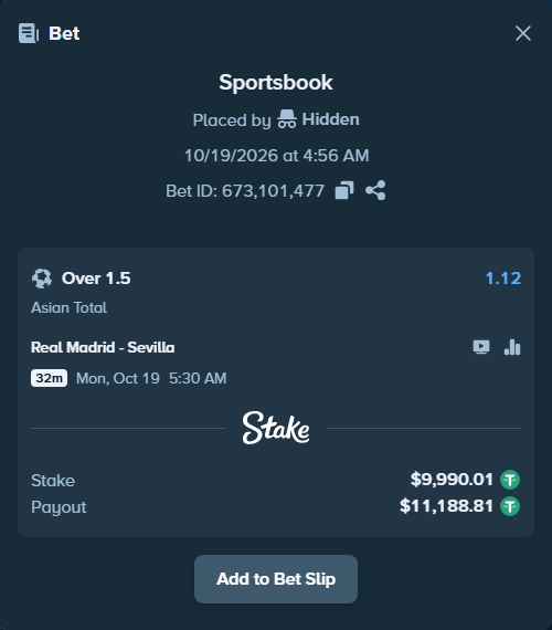Bet slip: Real Madrid - Sevilla, $10,000.00 stake at 1.12 odds, placed by Thor9977