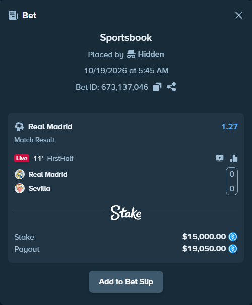 Bet slip: Real Madrid - Sevilla, $15,000.00 stake at 1.27 odds, placed by Storestorm