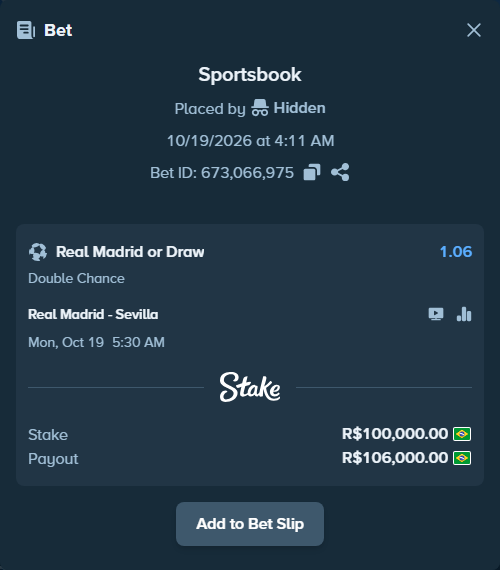Bet slip: Real Madrid - Sevilla, $20,000.00 stake at 1.06 odds, placed by toussaintpedro
