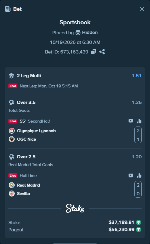 Bet slip: Real Madrid - Sevilla, $37,227.00 stake at 1.20 odds, placed by Hidden