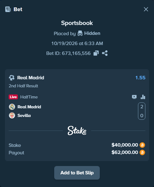 Bet slip: Real Madrid - Sevilla, $40,060.99 stake at 1.55 odds, placed by Hidden