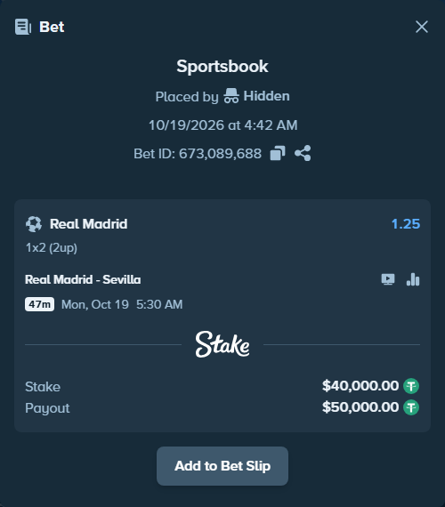 Bet slip: Real Madrid - Sevilla, $40,040.00 stake at 1.25 odds, placed by floutp451