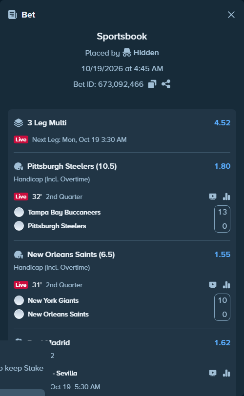 Bet slip: Real Madrid - Sevilla, $45,000.00 stake at 1.62 odds, placed by Hidden