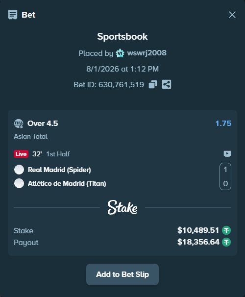 Bet slip: Real Madrid (Spider) - Atlético de Madrid (Titan), $10,500.00 stake at 1.75 odds, placed by wswrj2008