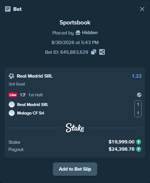 Bet slip: Real Madrid SRL - Malaga CF Srl, $19,999.00 stake at 1.22 odds, placed by Hidden