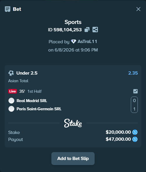 Bet slip: Real Madrid SRL - Paris Saint-Germain SRL, $20,000.00 stake at 2.35 odds, placed by AsTraL11