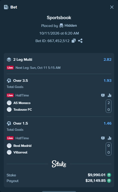 Bet slip: Real Madrid - Villareal, $10,000.00 stake at 1.46 odds, placed by tlwns4736