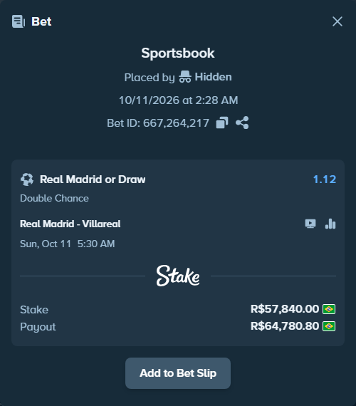 Bet slip: Real Madrid - Villareal, $11,568.00 stake at 1.12 odds, placed by toussaintpedro