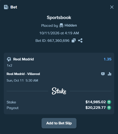 Bet slip: Real Madrid - Villareal, $15,000.00 stake at 1.35 odds, placed by luckysevenfr