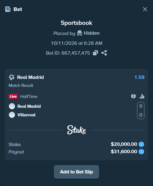 Bet slip: Real Madrid - Villareal, $20,000.00 stake at 1.58 odds, placed by Rubino208
