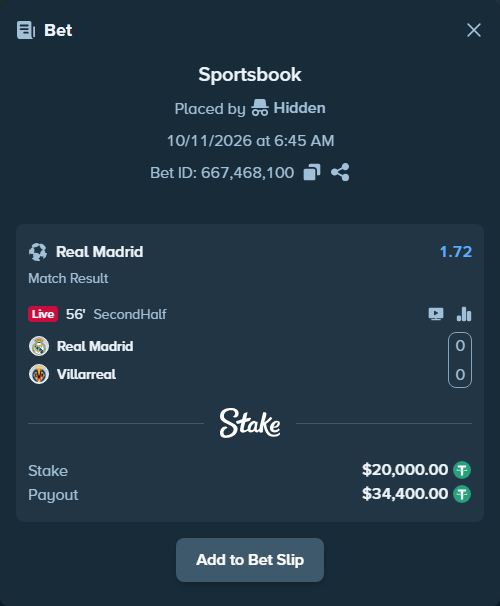 Bet slip: Real Madrid - Villareal, $20,020.00 stake at 1.72 odds, placed by bwullf75