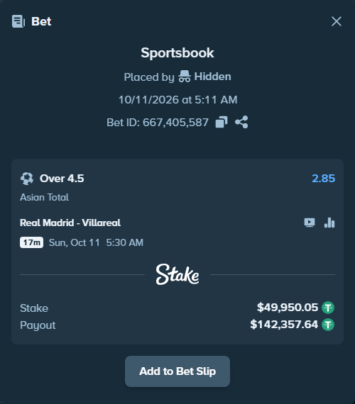 Bet slip: Real Madrid - Villareal, $50,000.00 stake at 2.85 odds, placed by Hkarnib99
