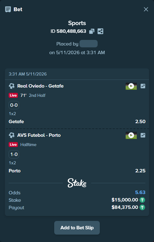 Bet slip: Real Oviedo - Getafe, $15,000.00 stake at 2.50 odds, placed by ArdianHertica