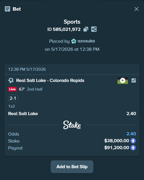 Bet slip: Real Salt Lake - Colorado Rapids, $30,319.30 stake at 2.40 odds, placed by azosuka