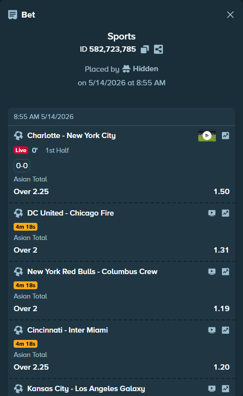 Bet slip: Real Salt Lake - Houston Dynamo, $10,710.00 stake at 1.24 odds, placed by Hidden