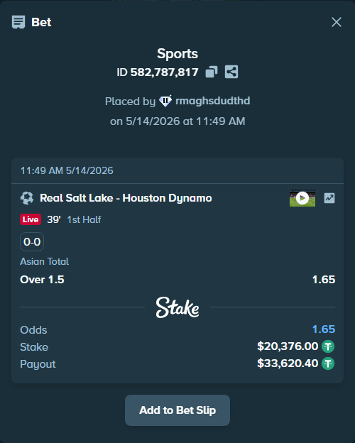 Bet slip: Real Salt Lake - Houston Dynamo, $20,376.00 stake at 1.65 odds, placed by rmaghsdudthd