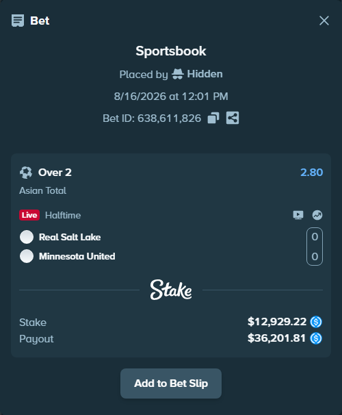Bet slip: Real Salt Lake - Minnesota United, $12,929.22 stake at 2.80 odds, placed by Hidden