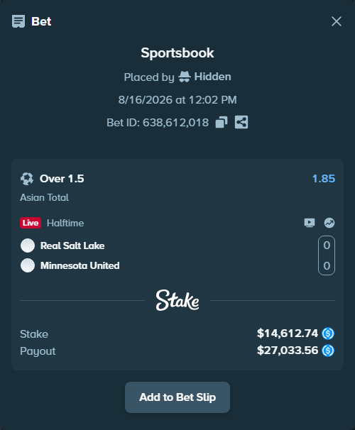 Bet slip: Real Salt Lake - Minnesota United, $14,612.74 stake at 1.85 odds, placed by Hidden