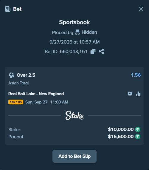 Bet slip: Real Salt Lake - New England, $10,000.00 stake at 1.56 odds, placed by Hidden