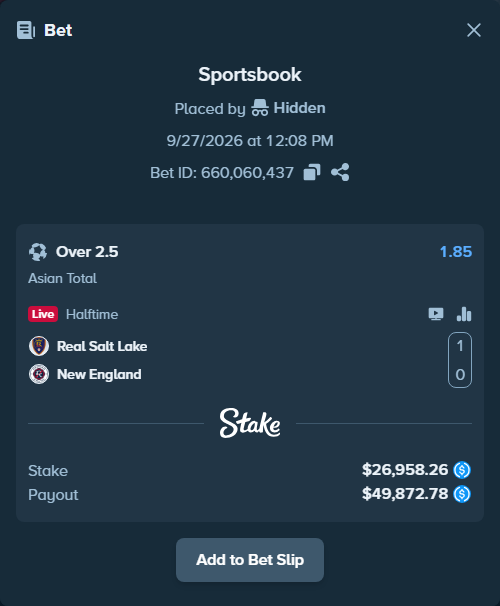 Bet slip: Real Salt Lake - New England, $26,958.26 stake at 1.85 odds, placed by Hidden