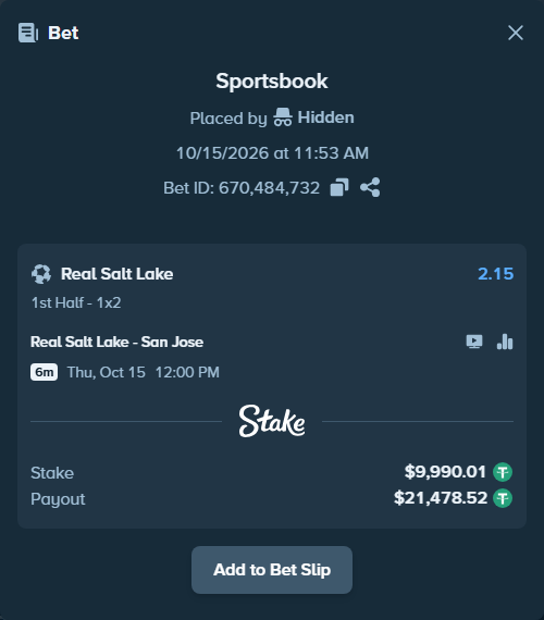 Bet slip: Real Salt Lake - San Jose, $10,000.00 stake at 2.15 odds, placed by Hidden