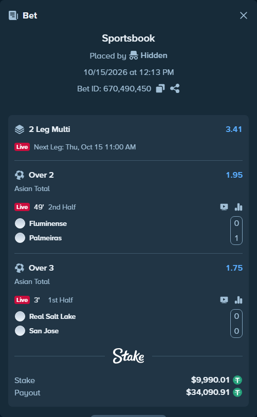 Bet slip: Real Salt Lake - San Jose, $10,000.00 stake at 1.75 odds, placed by tlwns4736