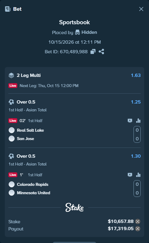 Bet slip: Real Salt Lake - San Jose, $10,564.91 stake at 1.25 odds, placed by Hidden