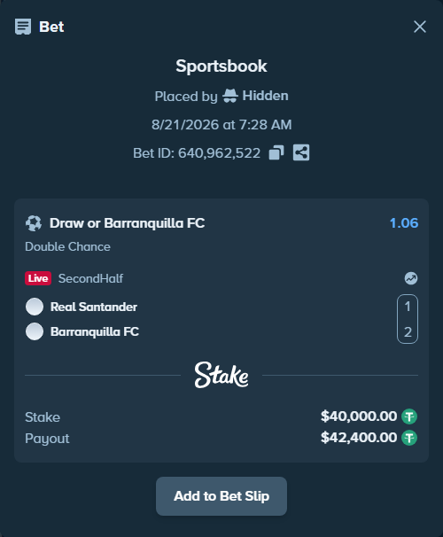 Bet slip: Real Santander - Barranquilla FC, $40,000.00 stake at 1.06 odds, placed by Hidden