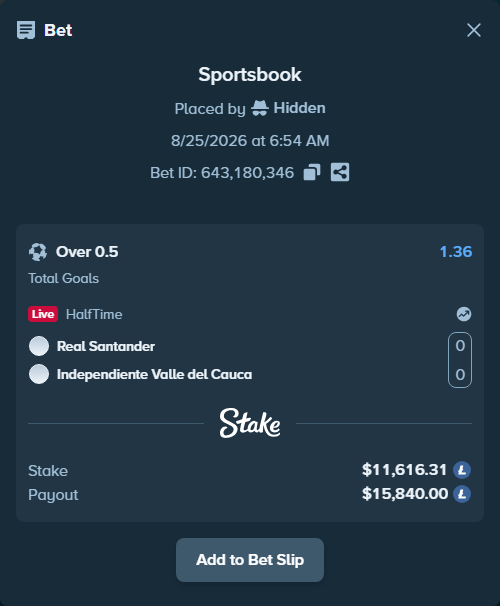 Bet slip: Real Santander - Independiente Valle del Cauca, $11,575.90 stake at 1.36 odds, placed by Hidden