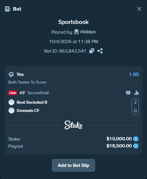 Bet slip: Real Sociedad San Sebastian B - Granada, $10,000.00 stake at 1.85 odds, placed by Hidden
