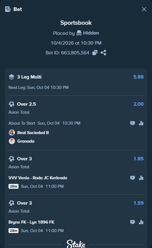 Bet slip: Real Sociedad San Sebastian B - Granada, $40,000.00 stake at 2.00 odds, placed by Hidden