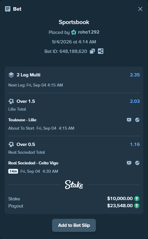 Bet slip: Real Sociedad San Sebastian - Celta Vigo, $10,000.00 stake at 1.16 odds, placed by roha1292