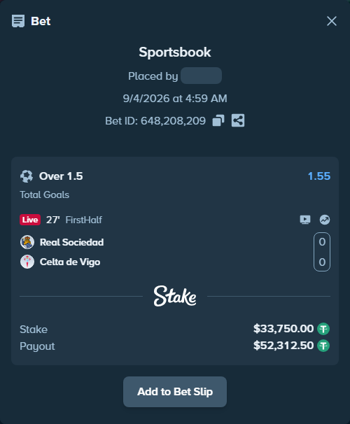Bet slip: Real Sociedad San Sebastian - Celta Vigo, $33,750.00 stake at 1.55 odds, placed by partizanti22
