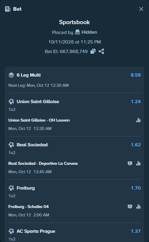 Bet slip: Real Sociedad San Sebastian - Deportivo La Coruna, $12,672.00 stake at 1.62 odds, placed by Hidden