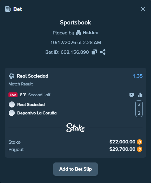 Bet slip: Real Sociedad San Sebastian - Deportivo La Coruna, $22,111.85 stake at 1.35 odds, placed by Covv87