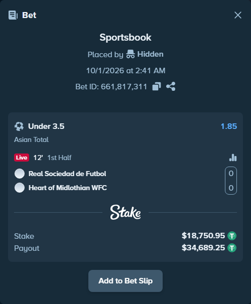 Bet slip: Real Sociedad San Sebastian - Heart of Midlothian WFC, $18,769.70 stake at 1.85 odds, placed by Hidden