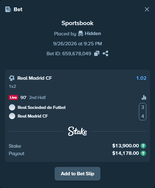 Bet slip: Real Sociedad San Sebastian - Real Madrid, $13,900.00 stake at 1.02 odds, placed by Usklood