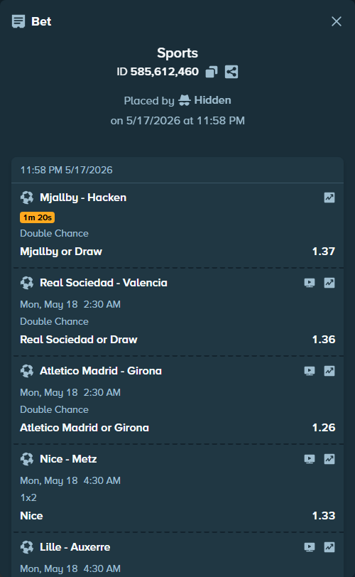 Bet slip: Real Sociedad San Sebastian - Valencia, $96,280.50 stake at 1.36 odds, placed by Hidden