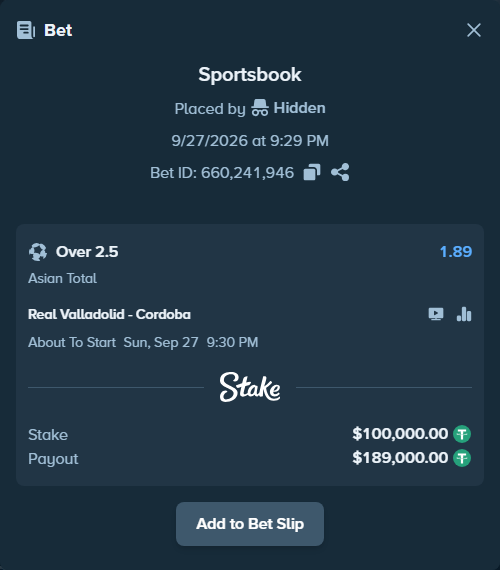 Bet slip: Real Valladolid - Cordoba, $100,000.00 stake at 1.89 odds, placed by Hidden