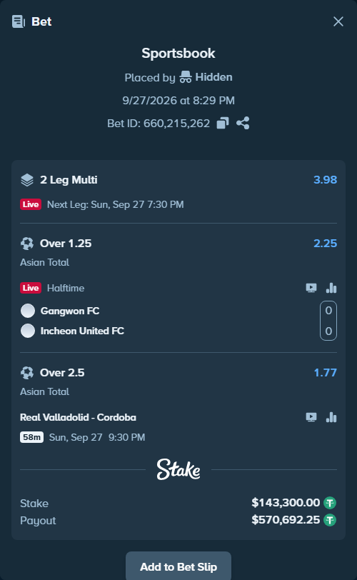 Bet slip: Real Valladolid - Cordoba, $143,300.00 stake at 1.77 odds, placed by Hidden