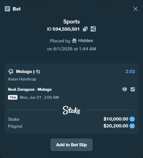 Bet slip: Real Zaragoza - Malaga, $10,000.00 stake at 2.02 odds, placed by Hidden