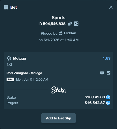 Bet slip: Real Zaragoza - Malaga, $10,149.00 stake at 1.63 odds, placed by Hidden