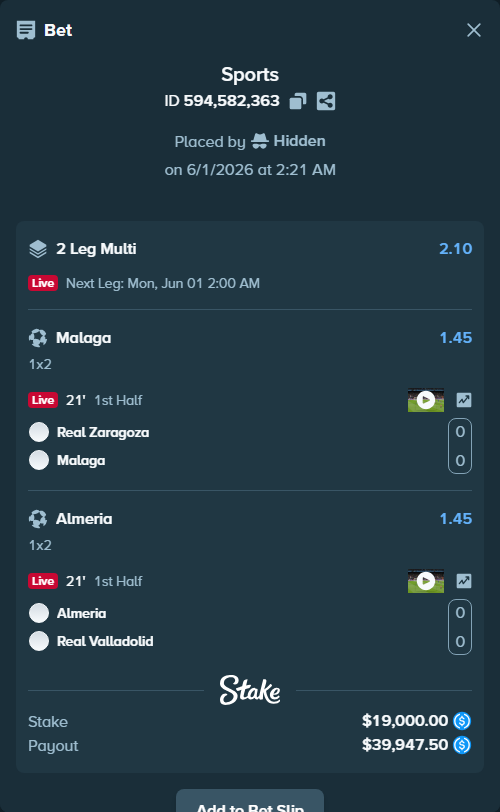 Bet slip: Real Zaragoza - Malaga, $19,000.00 stake at 1.45 odds, placed by Hidden